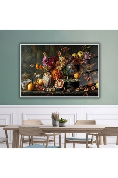 GAAGART Metal Çerçeveli Yatay Cam Mutfak Tablosu Çiçekler ve Kuru Meyve