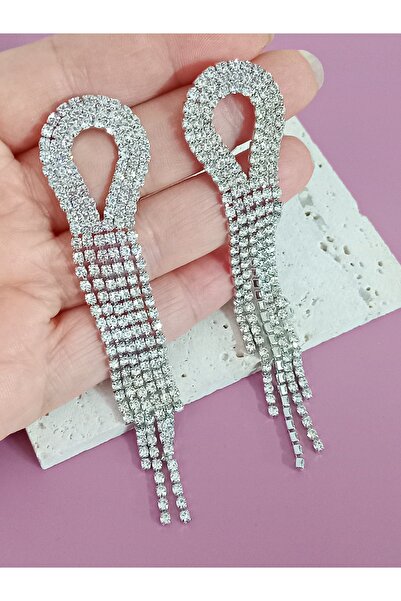 mos&more White Stone Dangle Long Women's Evening Dress Earrings, Tassel Earrings, Waterway