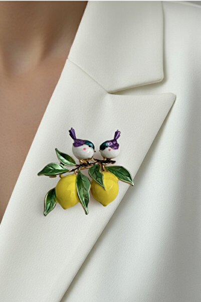 Modex Sarı Limon Ve Yaprak Detay Kuşlar Broş (4cm)