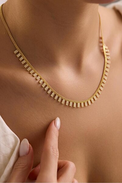 Nereze 925 Ayar Gümüş Gold Kaplama Gurmet Zincirli Zirkon Taşlı Dikdörtgen Mo...