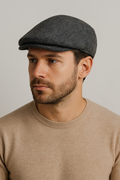 HatClub Exclusive Men's Winter Wool Fabric Standard Size Herringbone Dark Gray London Cap with Elastic Back