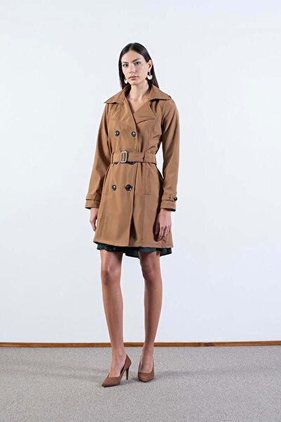 Spazio Pallaske Kruvaze Yaka Kuşaklı Cepli Trençkot TABA