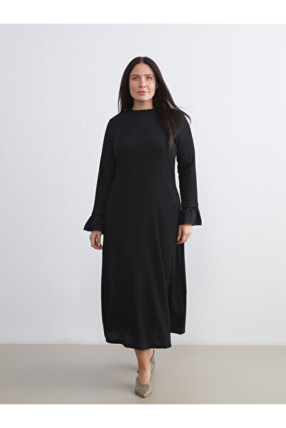 LC Waikiki Black Plus Size Ruffled High Neck Dress