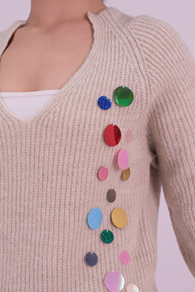 armonika Kadın Taş V Yaka Pul İşlemeli Triko Elbise ARM-26K136011