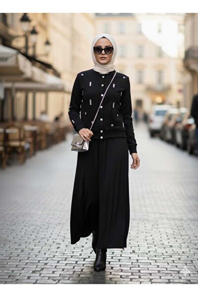 KMKkombin Women's New Season Bottom-Up Buttoned Stone-Embellished Skirt Suit