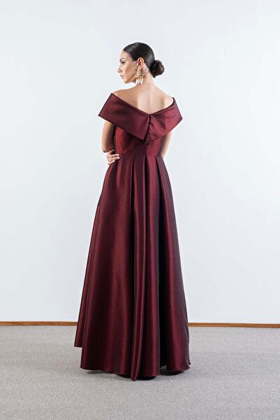 Spazio Rinetto Madonna Yaka Kloş Uzun Abiye Elbise BORDO