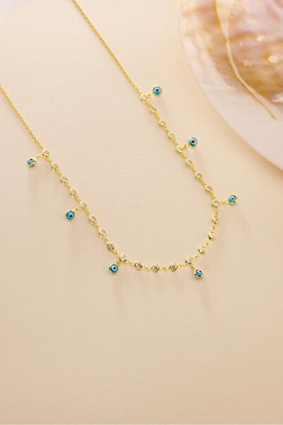 Nereze 925 Ayar Gümüş Gold Kaplama Turkuaz Nazar Boncuklu Zirkon Taşlı Kolye