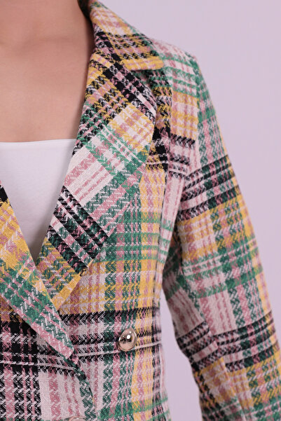 armonika Women's Rose Dry-Green Double-Breasted Collar Tweed Crop Jacket Arm-24K001014