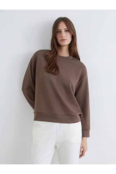 LC Waikiki Γυναικείο φούτερ καφέ με λαιμόκοψη oversized