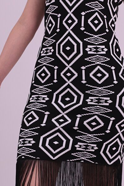 armonika Women's Black Turtleneck Skirt with Tassel Trim Knitwear Dress Arm-26K136009