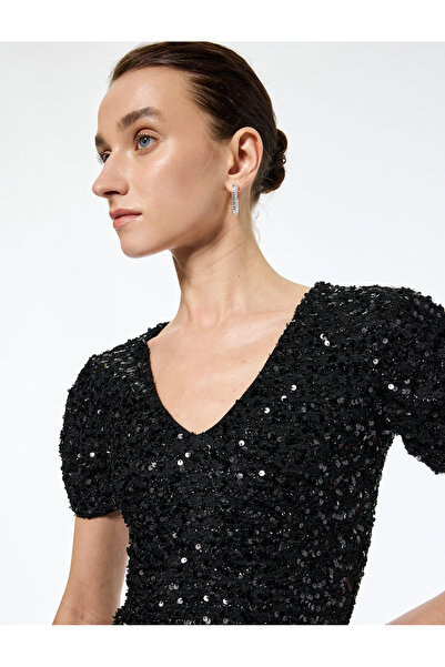 Koton V-Neck Short Sleeve Sequin Sequined Flounced Mini Evening Dress