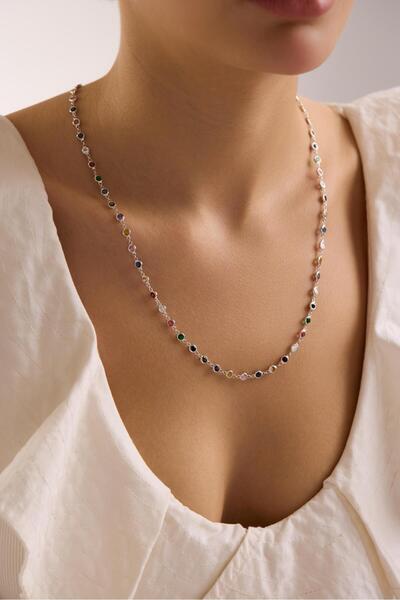 Nereze 925 Ayar Gümüş Rodyum Kaplama 85 Cm Uzunluk Mix 4 mm Zirkon Taşlı Kolye