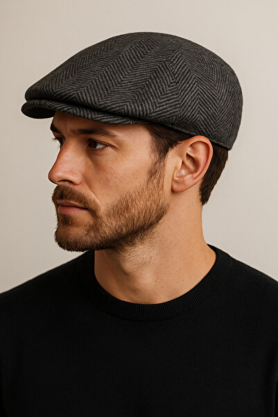 HatClub Exclusive Men's Winter Wool Fabric Standard Size Herringbone Dark Gray London Cap with Elastic Back