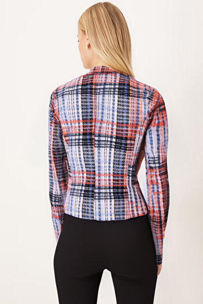 armonika Women's Orange-Black Double-Breasted Collar Tweed Crop Jacket Arm-24K001014