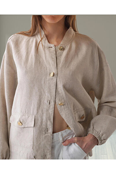 MinervaXint Women's Oversized Natural Jacket with High Collar, Flap Pockets, Lace-Up Waist, Button Closure