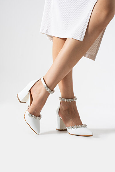 YARENAY White Leather Ankle and Front Stone Heeled Shoes