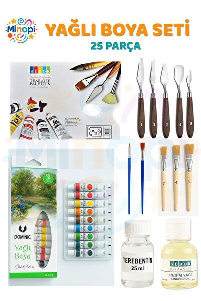 Minopi Kağıt Palet , Metal Spatula , 12 Renk Yağlı Boya , Terebentin , Resim Yağı Zemin Fırçası Boyama Set