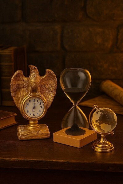 Lexi Bella Koleksiyonluk İhtişamlı Altın Renkli Kartal Heykeli Masa Saati Cam Dünya Küre ve Kum Saati Hediye