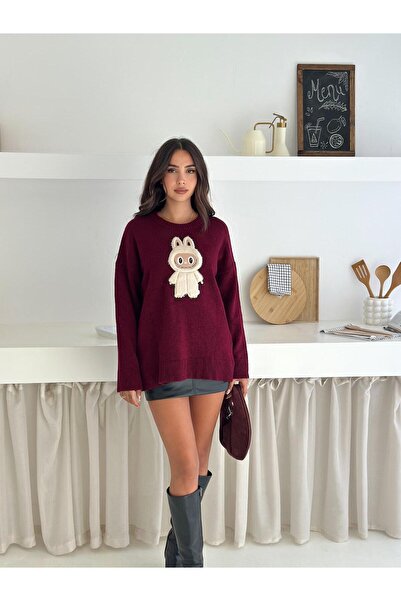 Jeevee Oversized Crew Neck Knit Sweater with Rabbit Figure