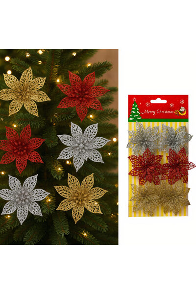 First Choice Christmas Tree Ornaments 6/set — 8cm Glitter Poinsettia, Assorted Colors