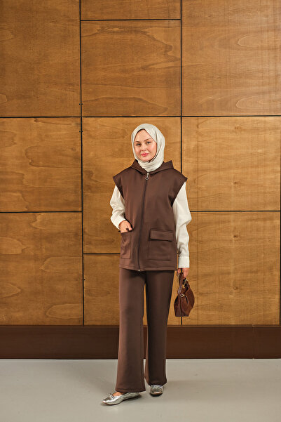 LOCCO Women's Double Pocket Hooded Vest Set Set Brown