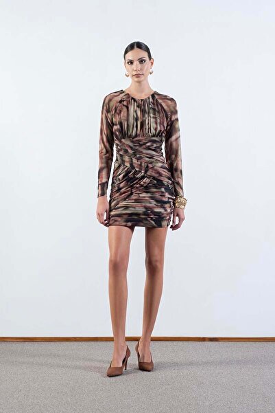 Spazio Damasca Yuvarlak Yaka Büzgülü Tül Elbise HAKİ