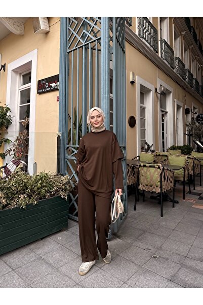 LOCCO Γυναικείο κοστούμι με λεπτομέρεια στον ώμο καφέ