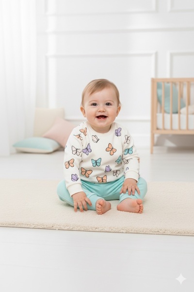 Le Touche Girl's Butterfly Patterned Cotton 2-Piece Pajama Set