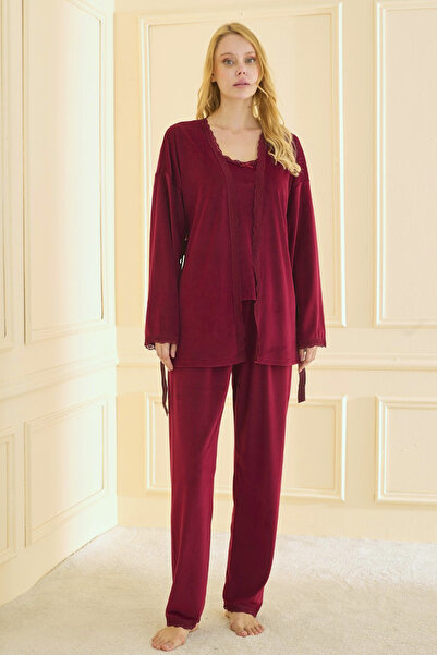 TURAY Premium Soft Velvet 3-Piece Women's Burgundy Pajama Set with Robe