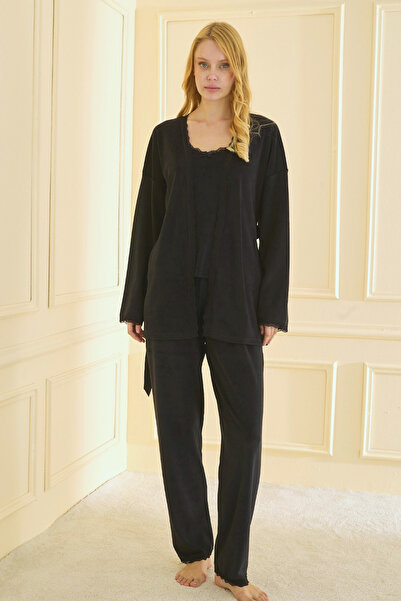 TURAY Premium Soft Velvet 3-Piece Women's Black Pajama Set with Robe