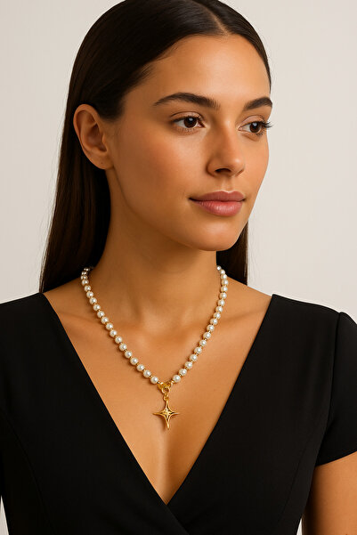 AG collection Altın Yıldız Uçlu İnci Kolye – Zarif Kadın Kolye – Şık ve Modern Tasarım