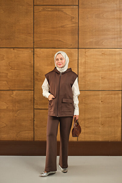 LOCCO Women's Double Pocket Hooded Vest Set Set Brown