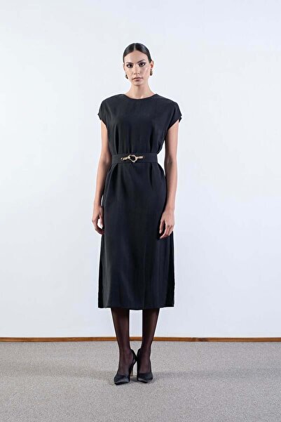 Spazio Rowland Bisiklet Yaka Yanları Omuzları Yırtmaçlı Kemerli Elbise SİYAH