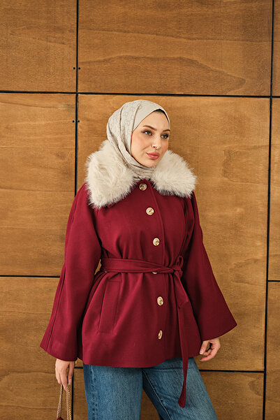 LOCCO Γυναικείο μπουφάν με λεπτομέρεια από γούνα με λουράκι στη μέση μπορντό