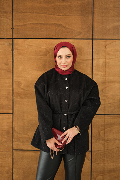LOCCO Kadın Simli Kaşe Çıtçıtlı Ceket Siyah