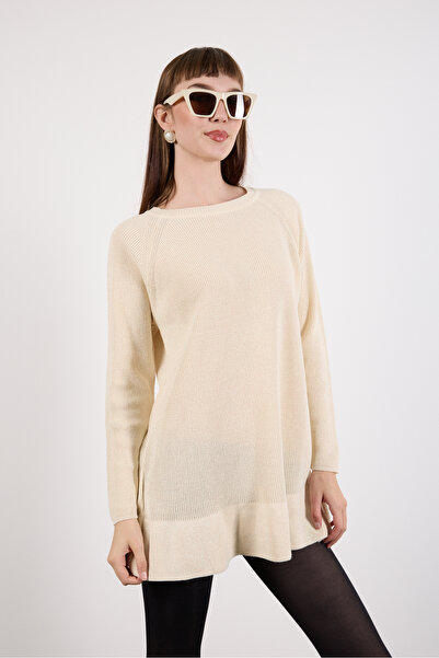 Moda Days Women's Ecru Raglan Sleeve Frilly Hem Glitter Knit Sweater