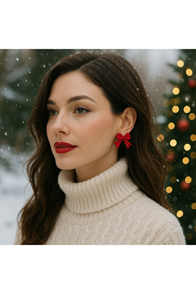 Atölye Myth Scarlet Bow El Yapımı Kırmızı Fiyonk Tasarım Küpe - Zarif ve Şık, Yılbaşı, Hediye, Yeniyıl