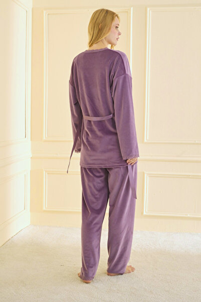 TURAY Premium Soft Velvet 3-Piece Women's Lilac Pajama Set with Robe