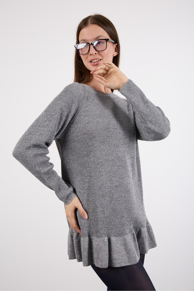 Moda Days Women's Gray Raglan Sleeve Frilly Hem Glitter Knit Sweater