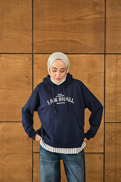 LOCCO Жіночий светр з капюшоном і принтом, синій