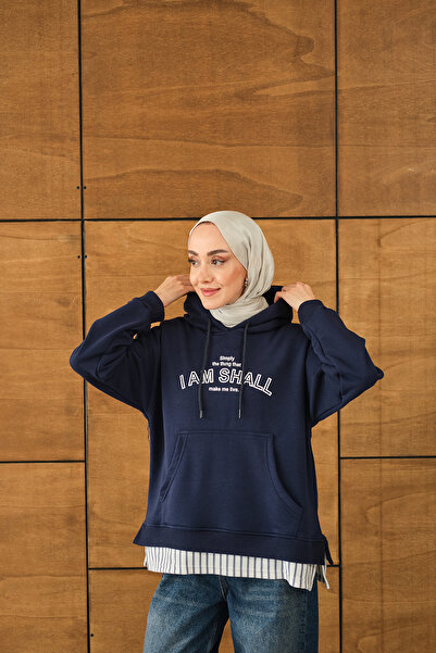 LOCCO Жіночий светр з капюшоном і принтом, синій