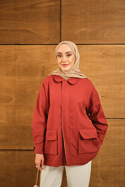 LOCCO Kadın Fermuarlı Gabardin Ceket Kiremit