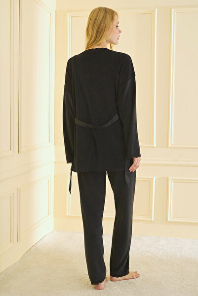 TURAY Premium Soft Velvet 3-Piece Women's Black Pajama Set with Robe