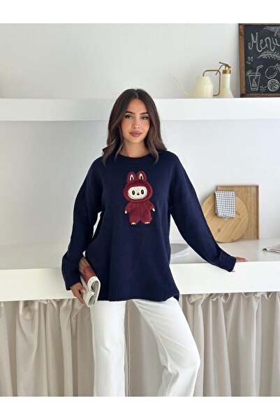 Jeevee Oversized Crew Neck Knit Sweater with Rabbit Figure