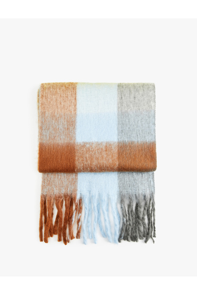 Koton Eșarfă lungă cu ciucuri în carouri cu textura moale