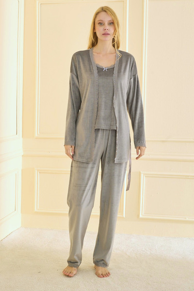 TURAY Premium Soft Velvet 3-Piece Women's Gray Pajama Set with Robe