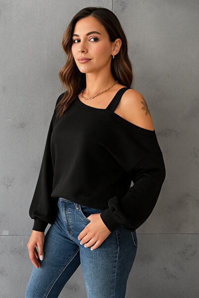 StilVibe Women's One Shoulder Open Black Blouse