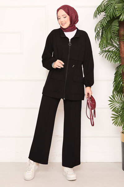 EBRUTESETTÜR Adjustable Waist Pocket Detailed Hijab Two-Piece Set