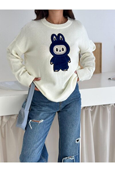 Jeevee Tavşan Figürlü Oversize Bisiklet Yaka Triko Kazak