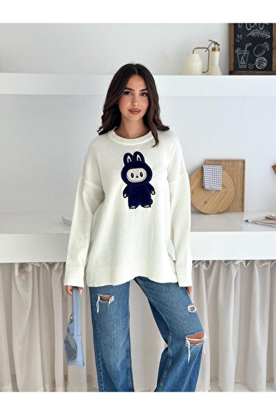 Jeevee Oversized Crew Neck Knit Sweater with Rabbit Figure